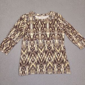 Studio Works T Shirt Womens‎ Small Brown 3/4 Sleeve Abstract Cotton